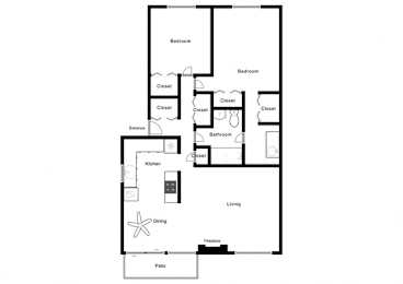 A floor plan of a house with two bedrooms, a living room, a kitchen, a dining room, a bathroom, a closet, and a patio.