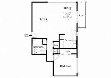 A floor plan of a home with a living room, dining room, kitchen, bathroom, and bedroom.