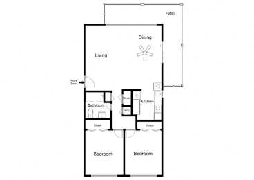 A floor plan of a house with a dining area, two bedrooms, a living room, a kitchen, a bathroom, and a closet.