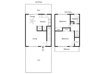 A floor plan of a two-story house with a living room, dining room, kitchen, two bedrooms, a bathroom, and a balcony.