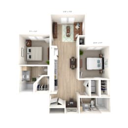 a 3d rendering including two bedrooms and a living room