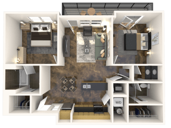 a rendering of a 3d floor plan with a bedroom and a living room