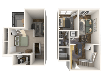 a rendering of a bedroom and a living room