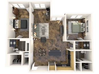 a 3d rendering of a furnished floor plan with a bedroom and a living room