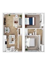Floor Plan  A floor plan of a small apartment with two bedrooms and a living area.