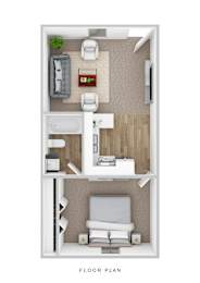 Floor Plan  A floor plan of a small apartment with a bedroom, living room, and kitchen.
