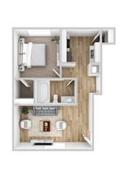 Floor Plan  A top-down view of a small apartment with a bedroom, living room, and kitchen.