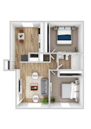 Floor Plan  A top-down view of a small apartment with a kitchen, living room, and bathroom.