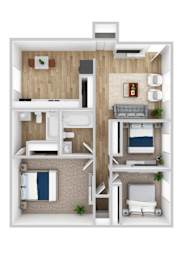 Floor Plan  A 3D floor plan of a small apartment with a kitchen, living room, and bedroom.