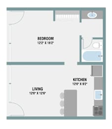 1 Bed 1 Bath Floor Plan  at The Palms on Main, Columbia