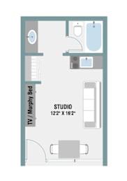 Studio Floor Plan at The Palms on Main, Columbia South Carolina