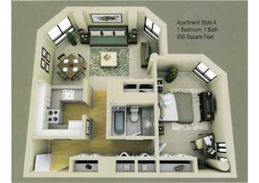A 1 bedroom, 1 bath apartment is 656 square feet.