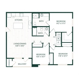3 Bedroom 2 Bathroom Juniper Floor Plan at Sonder Fields Apartments, Happy Valley, OR, 97015