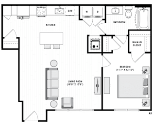 A floor plan of a house with a kitchen, living room, bathroom, and bedrooms.