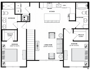 A floor plan of a house with two bedrooms, a living room, a kitchen, and two bathrooms.