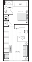 A floor plan of a house with a living room, kitchen, bedrooms and bathroom.