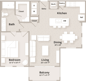 A3 floorplan which is a 1 bedroom, 1 bath apartment at The Parkway on Westlake, Humble, Texas