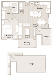 A4 floorplan which is a 1 bedroom, 1 bath apartment