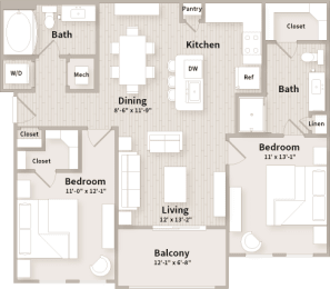 B1 floorplan which is a 2 bedroom, 2 bath apartment