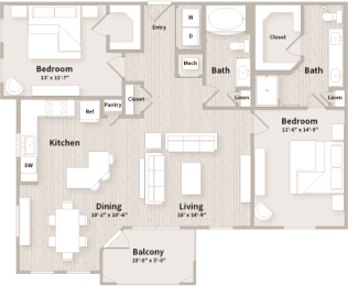 B3 floorplan which is a 2 bedroom, 2 bath apartment