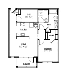 floor plan of a 1 bedroom 1 bath apartment with a den