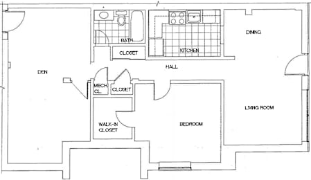 A floor plan of a house with a den, dining room, kitchen, living room, two closets, a bathroom, and a bedroom.