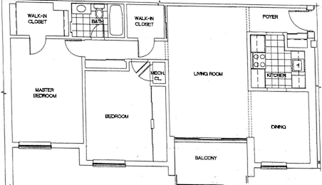 A floor plan of a house with a master bedroom, a second bedroom, a bath, a walk-in closet, a home office, a dining area, a kitchen, a laundry room, and a balcony