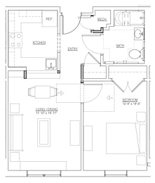 Floor plan of a 1-bedroom senior apartment at Park Heights Place, featuring a modern kitchen, living area, bedroom, and accessible bathroom.