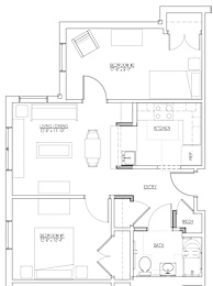 Floor plan of a 2-bedroom senior apartment at Park Heights Place, with spacious living area, modern kitchen, two bedrooms, and accessible bathroom.