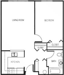 A black and white image of a floor plan for a small apartment.