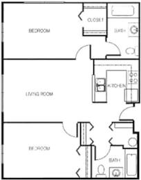 A black and white image of a floor plan for a house with three bedrooms, a living room, a kitchen, and two bathrooms.