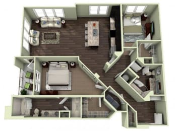 1279 Square-Feet 2 bedroom 2 bathroom SANDERLING Floor Plan at LaVie Southpark, North Carolina