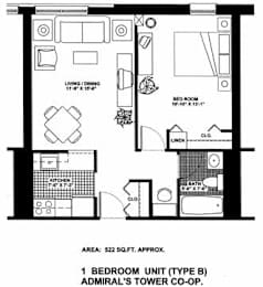 A black and white image of a floor plan for a 1 bedroom unit.