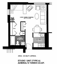 A black and white floor plan of a studio unit with a living room, kitchen, and bathroom.