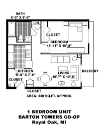 A floor plan of a 1 bedroom unit at Barton Towers Co-op in Royal Oak, MI.