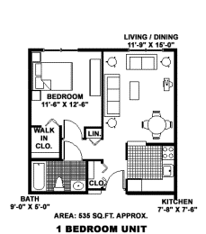 A black and white image of a floor plan for a one bedroom unit.