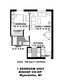 A floor plan of a 1 bedroom unit in Bishop CO-OP Wyandotte, MI.