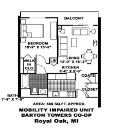 A black and white drawing of a floor plan for a mobility impaired unit.