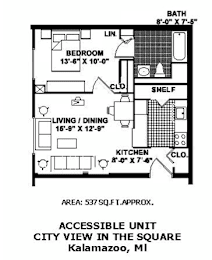 A floor plan of an accessible unit in the square in Kalamazoo, MI.