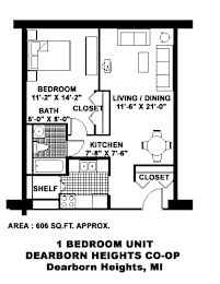 A floor plan of a one bedroom unit in Dearborn Heights, MI.
