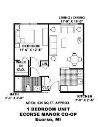 A floor plan of a 1 bedroom unit in Ecorse, MI.