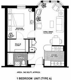 A black and white image of a 1 bedroom apartment layout.