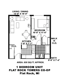 A floor plan of a one bedroom unit in Flat Rock, MI.