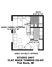 A black and white image of a floor plan for a studio unit.