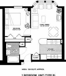 A black and white image of a floor plan for a 1 bedroom unit.