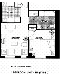 A black and white image of a floor plan for a 1 bedroom unit.