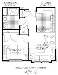 A floor plan of a small apartment with a living/dining area, kitchen, and bathroom.