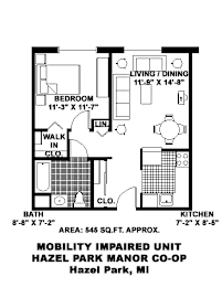 A floor plan of a mobility impaired unit at Hazel Park Manor Cooper.
