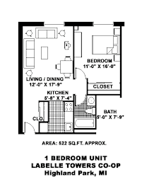 A floor plan of a 1 bedroom unit at Labelle Towers in Highland Park, MI.