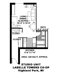 A floor plan of a studio unit with a living area, kitchen, and bathroom.